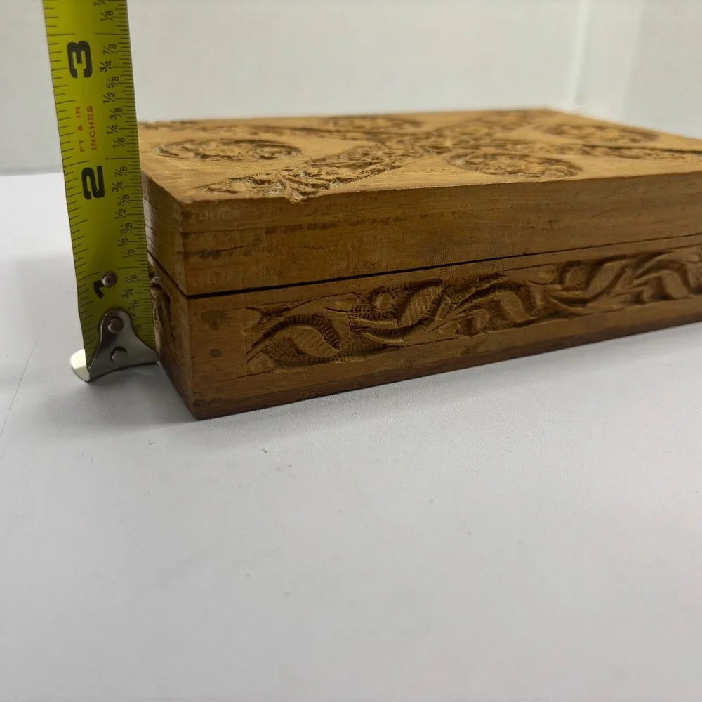 Vintage Hand Carved Wood Jewelry Trinket Box Floral India Boho Velvet Lined 8x5